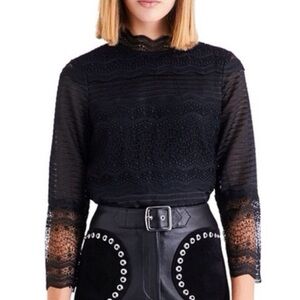 Maje Lizie Black mockneck Lace Blouse 3/4 sleeves semi-sheer size small